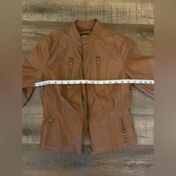 TCEC Tan Leather Moto Jacket with Stand-Up Collar - Picture 5 of 7